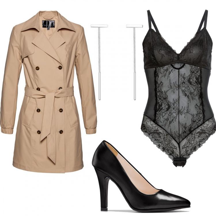 Outfit donna - Notti bollenti!. Stile Sexy per Tutti i giorni. Abbinamento con body, trench, décolleté, orecchini.