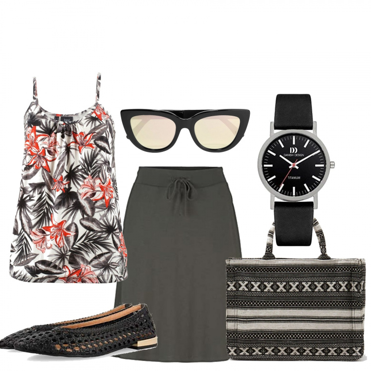 Outfit donna - Total look #1091698. Stile Basic per Tutti i giorni. Abbinamento con top, occhiali da sole, shopping bag, gonne, ballerine, orologi.