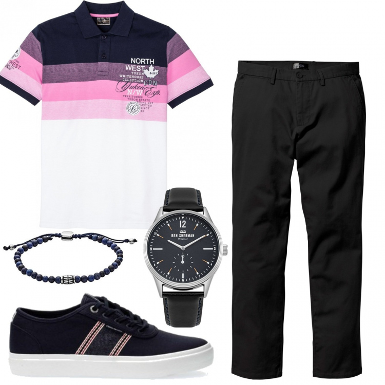 Outfit uomo - In gelateria con lei. Stile Trendy per Serata speciale. Abbinamento con pantaloni chino, polo, sneakers, braccialetti, orologi.