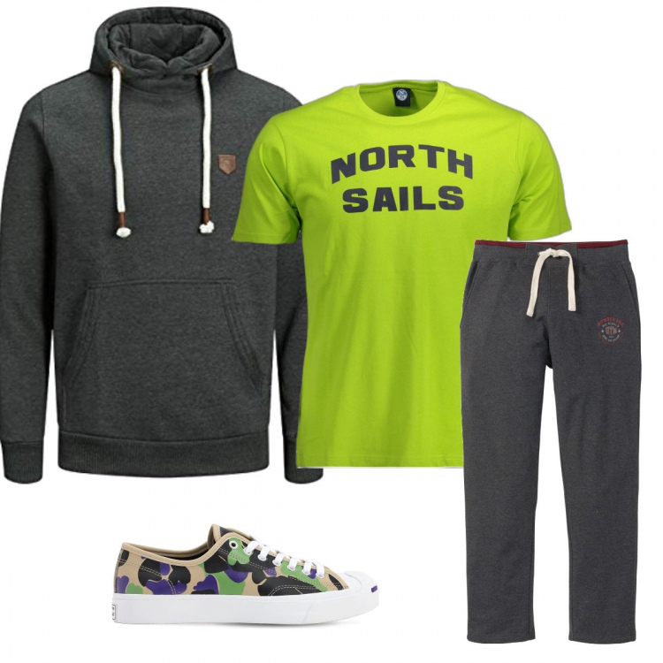 Outfit uomo - Sportyman. Stile Casual per Tutti i giorni. Abbinamento con pantaloni, t-shirt, sneakers, felpe con cappuccio.