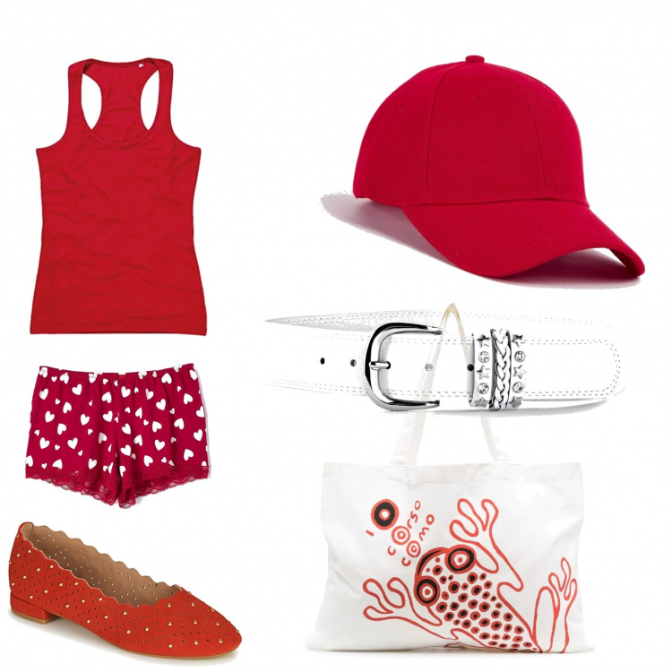 Outfit donna - Passeggiando. Stile Basic per Tutti i giorni. Abbinamento con cinture, pantaloni corti, cappelli con visiera, ballerine, borse tote, canottiere.