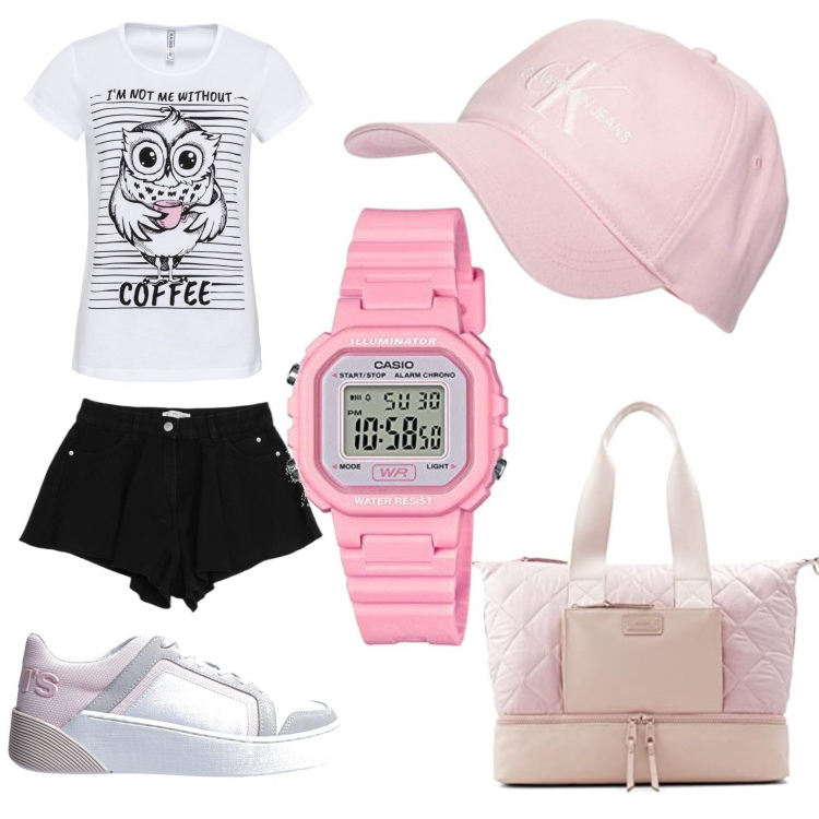 Outfit donna - Teenager sportiva. Stile Rock per Tutti i giorni. Abbinamento con t-shirt sportive, sneakers, shorts, orologi digitali, borse a mano, cappelli con visiera.
