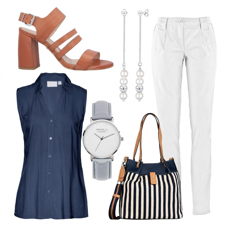 Outfit donna - Total look #1092337. Stile Casual per Tutti i giorni. Abbinamento con sandali col tacco, camicie, pantaloni chino, shopping bag, orologi analogici, orecchini.