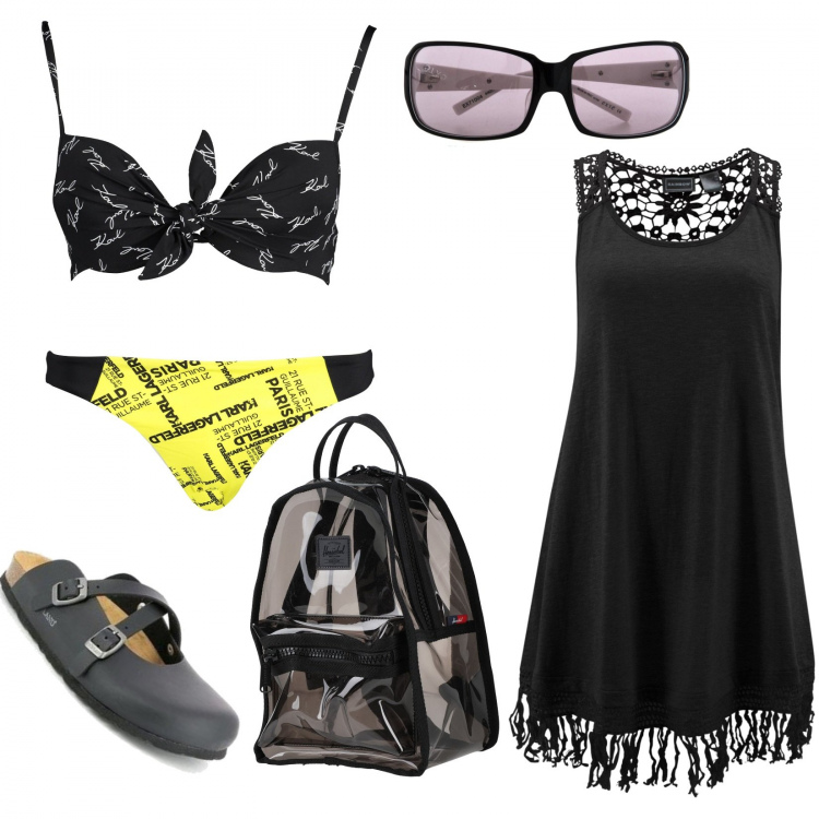 Outfit donna - Lagerfield beachwear. Stile Trendy per Mare. Abbinamento con vestiti da spiaggia, zaini, zoccoli, costumi, costumi, occhiali da sole.