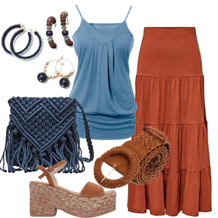 Outfit donna - L’etnico dai toni della terra e del mare. Stile Etnico per Tutti i giorni. Abbinamento con top, sandali in pelle, cinture, orecchini, gonne, borse a tracolla.