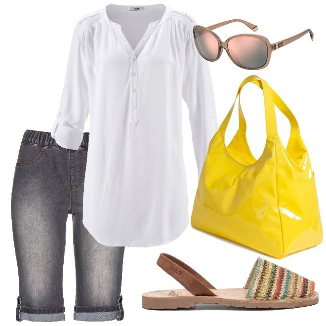 Outfit donna - Pic nic. Stile Basic per Tutti i giorni. Abbinamento con tuniche, bermuda, shopping bag, sandali, occhiali da sole.
