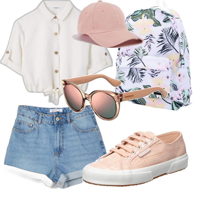 Outfit donna - Picnic basic. Stile Basic per Tutti i giorni. Abbinamento con shorts, zaini, camicie a manica corta, cappelli con visiera, sneakers, occhiali da sole.