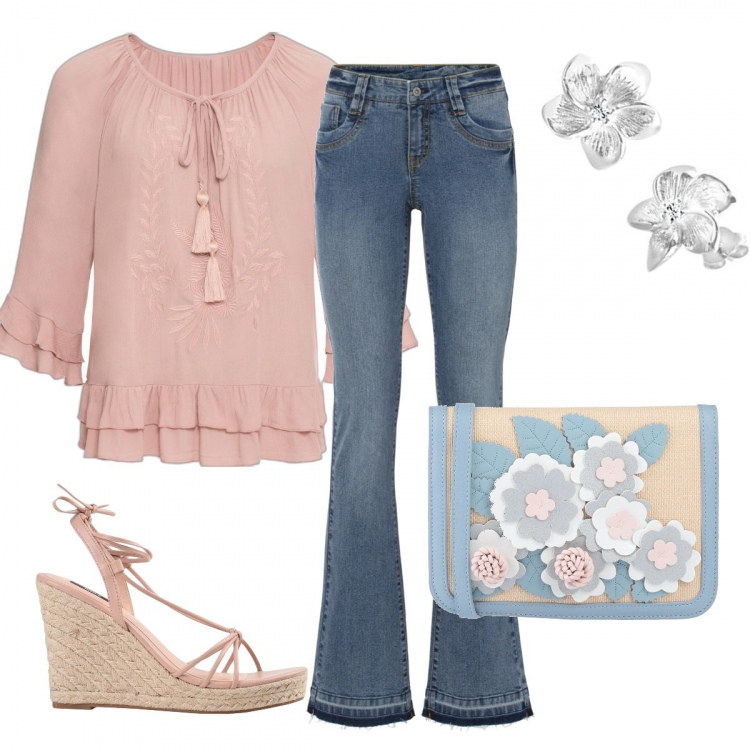 Outfit donna - Seventy mood. Stile Romantica per Ufficio. Abbinamento con tuniche, jeans a zampa, borse a mano, sandali col tacco, orecchini.