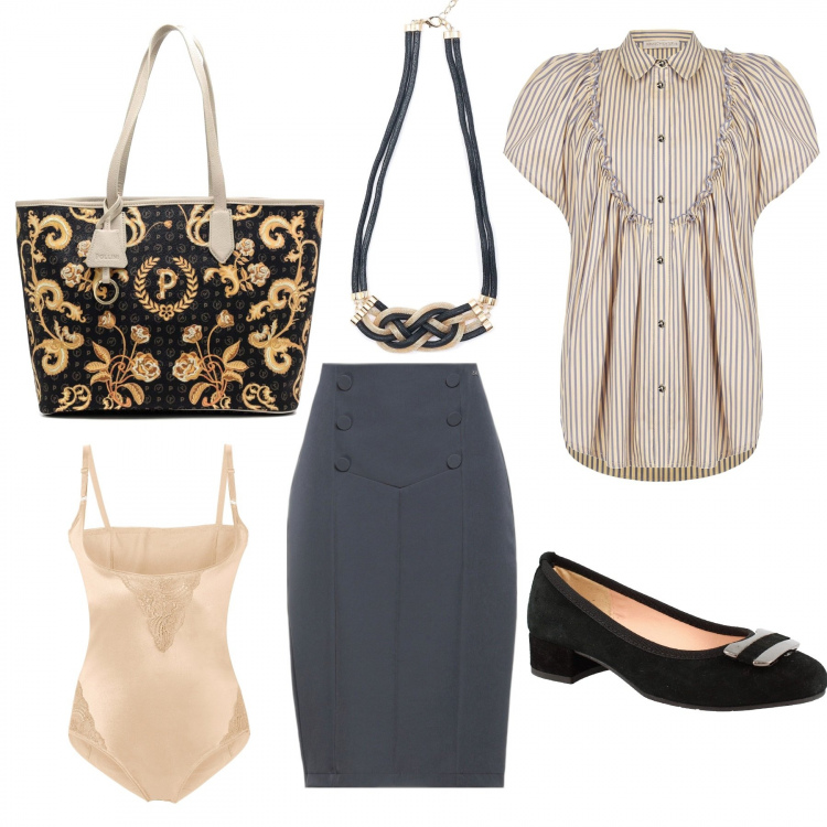 Outfit donna - Cintura gioiello e shopping bag. Stile Chic per Ufficio. Abbinamento con body, gonne longuette, cinture, camicie a manica corta, scarpe col tacco, shopping bag.