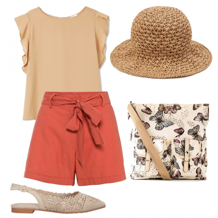 Outfit donna - Passeggiata e gelato. Stile Casual per Serata fuori. Abbinamento con ballerine, borse a tracolla, shorts, bluse, cappelli.