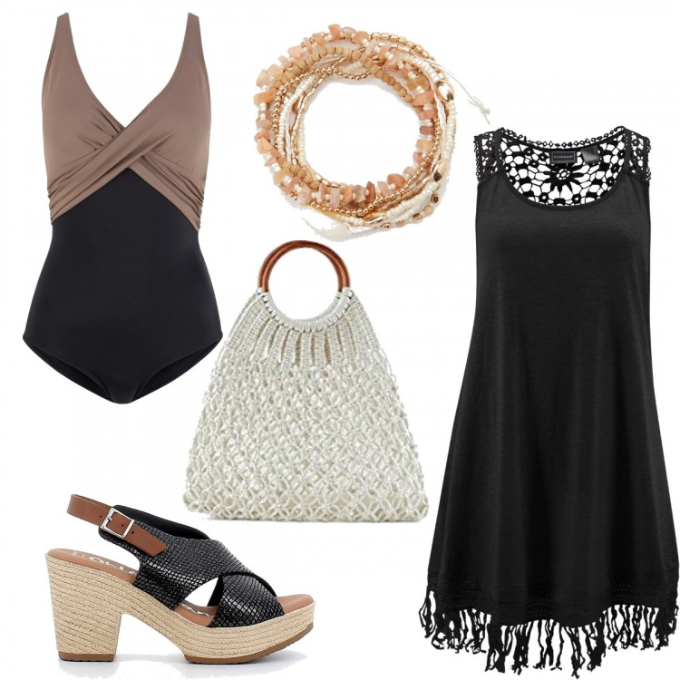 Outfit donna - Al mare stile boho. Stile Boho per Mare. Abbinamento con vestiti da spiaggia, costumi interi, braccialetti, sandali, borse a mano.