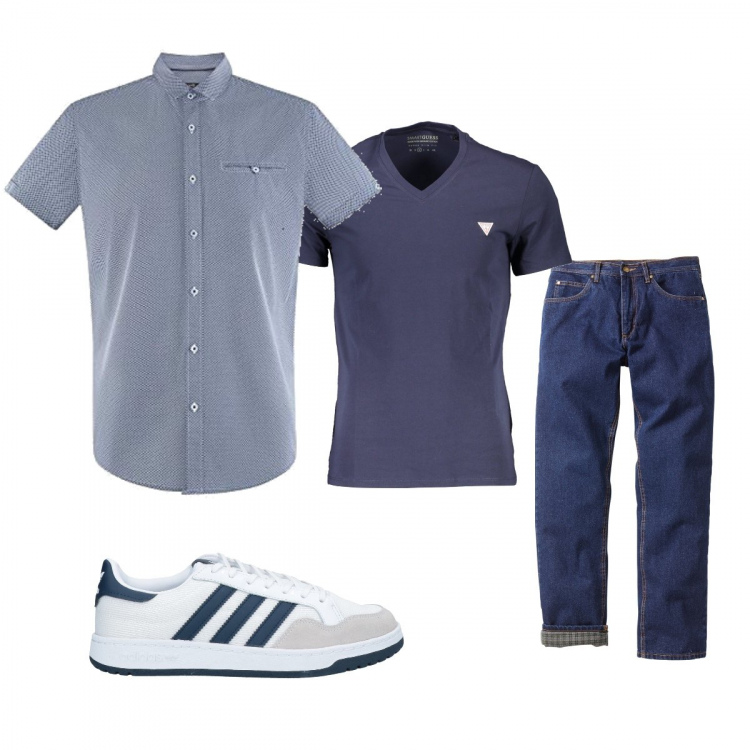 Outfit uomo - Blu basic. Stile Urban per Tutti i giorni. Abbinamento con jeans dritti, sneakers, camicie a manica corta, t-shirt.