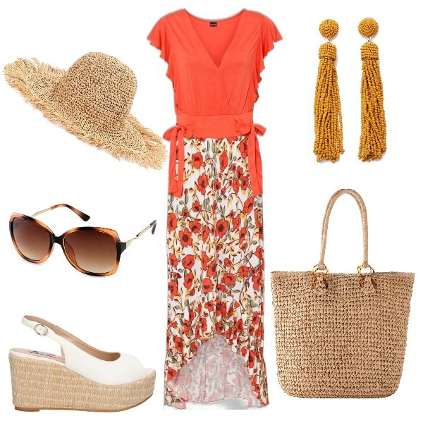 Outfit donna - In un campo di papaveri. Stile Romantica per Tutti i giorni. Abbinamento con vestiti, shopping bag, occhiali da sole, cappelli, zoccoli, orecchini.