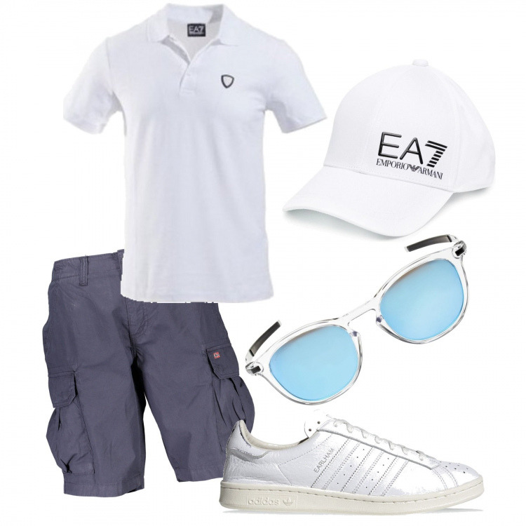 Outfit uomo - Queen mary. Stile Casual per Mare. Abbinamento con polo, cappelli con visiera, sneakers, bermuda, occhiali da sole.
