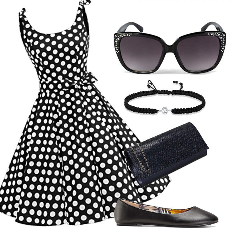 Outfit donna - Lumaluxurywblackpoint. Stile Glamour per Serata fuori. look ideale per Petite. Abbinamento con ballerine, vestiti, braccialetti, pochette, occhiali da sole.