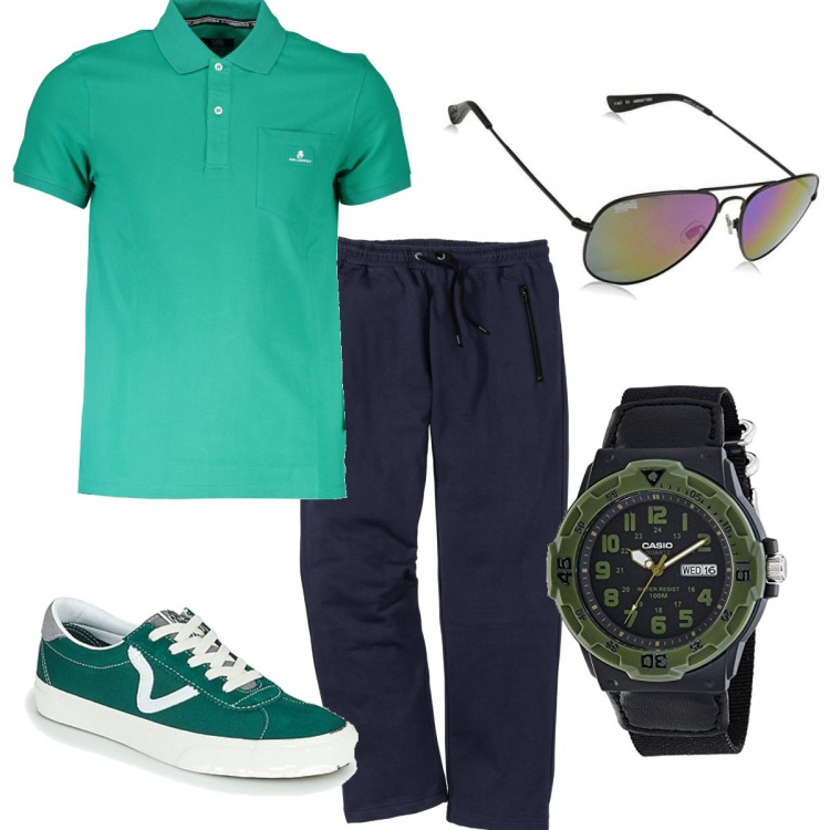 Outfit uomo - Total look #1094107. Stile Casual per Tutti i giorni. Abbinamento con pantaloni, sneakers, occhiali da sole, orologi analogici, polo.