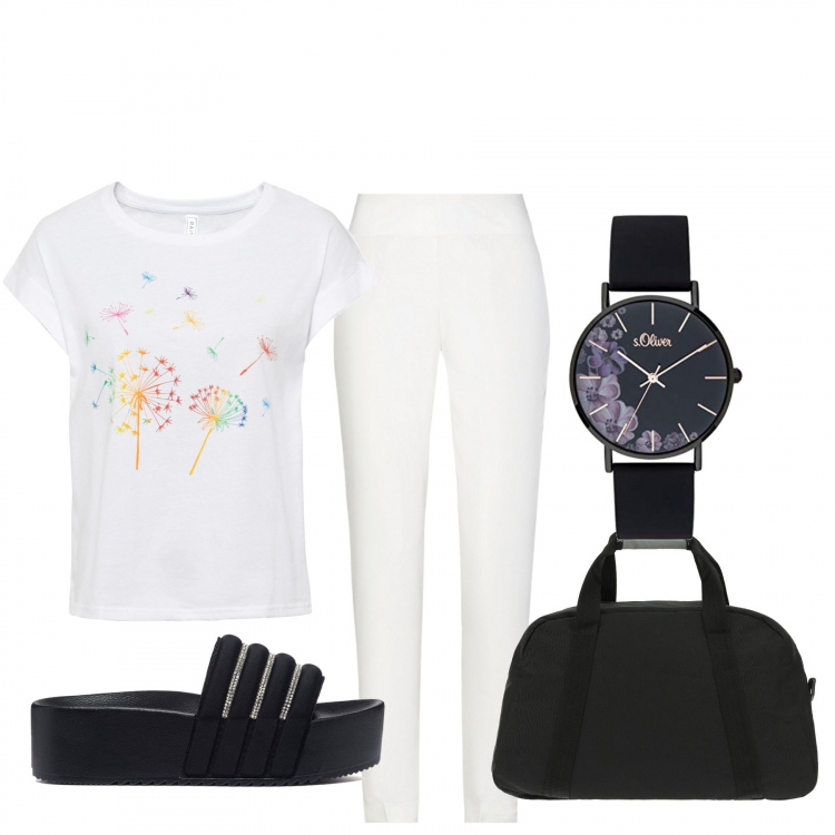 Outfit donna - Basic #26092. Stile Basic per Tutti i giorni. Abbinamento con t-shirt, pantaloni, borse a spalla, ciabatte, orologi analogici.