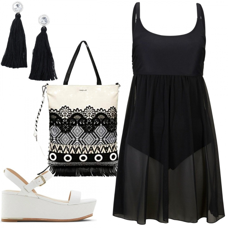 Outfit donna - Basic #26100. Stile Basic per Tutti i giorni. Abbinamento con vestiti da spiaggia, orecchini, sandali in pelle, borse a mano.