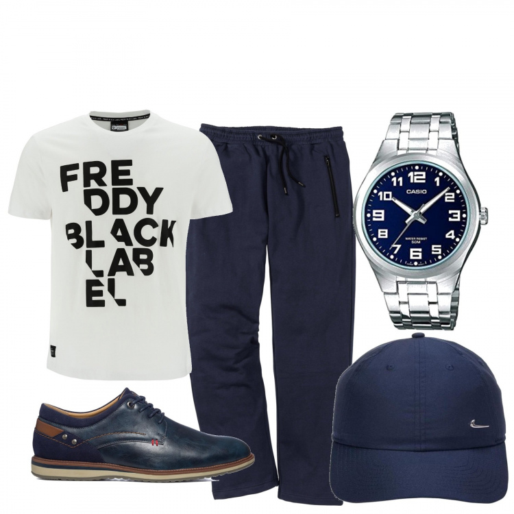 Outfit uomo - Total look #1094522. Stile Urban per Tutti i giorni. Abbinamento con pantaloni, cappelli con visiera, t-shirt, scarpe stringate, orologi analogici.