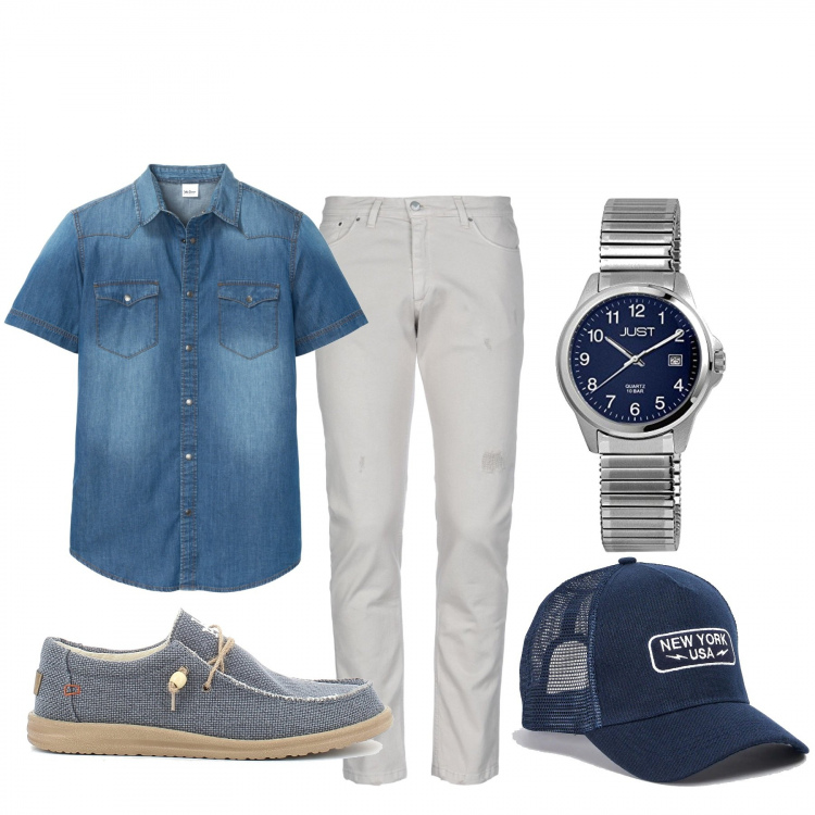 Outfit uomo - Total look #1094535. Stile Urban per Tutti i giorni. Abbinamento con pantaloni, camicie a manica corta, cappelli con visiera, scarpe stringate, orologi.