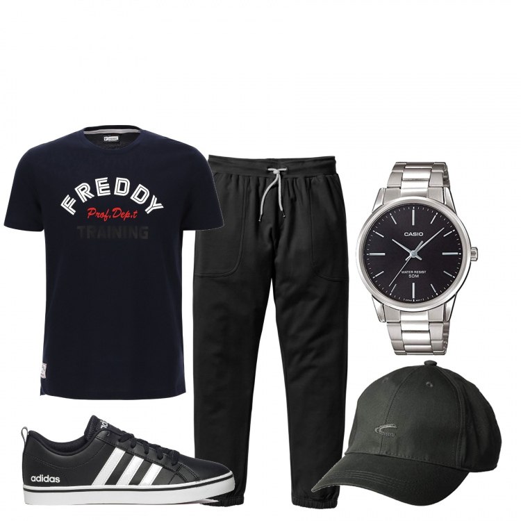Outfit uomo - Total look #1094542. Stile Urban per Tutti i giorni. Abbinamento con pantaloni sportivi, t-shirt, sneakers, orologi analogici, cappelli con visiera.
