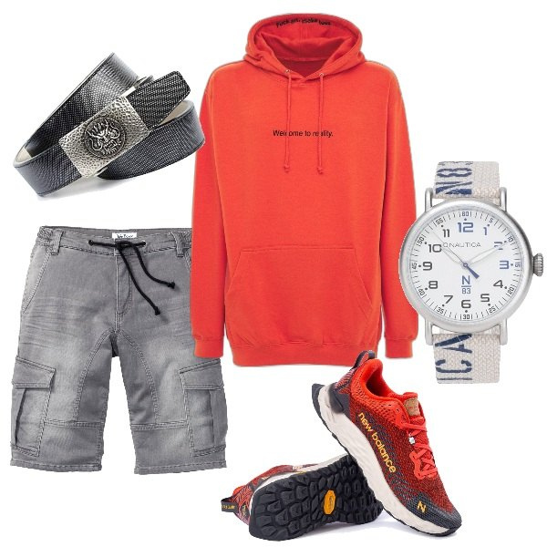 Outfit uomo - Total look #1094761. Stile Biker Rock per Tutti i giorni. Abbinamento con bermuda, orologi, sneakers, cinture, felpe con cappuccio.