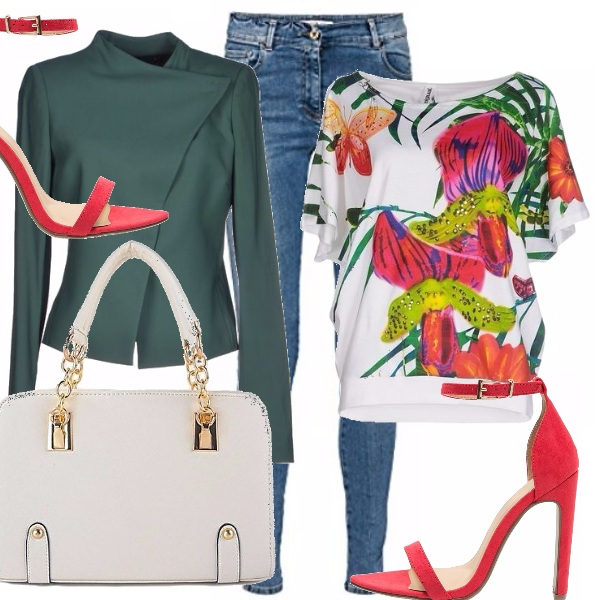 Outfit donna - Jeans e tee tropical. Stile Basic per Scuola/Università.