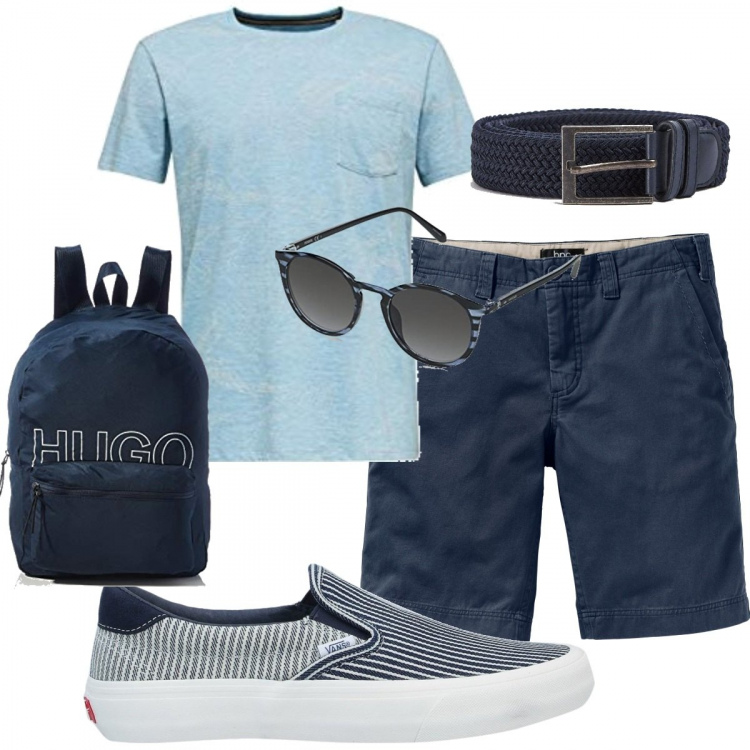 Outfit uomo - Giornata al lago. Stile Casual per Tutti i giorni. Abbinamento con bermuda, sneakers, cinture, borse sportive, t-shirt, occhiali da sole.