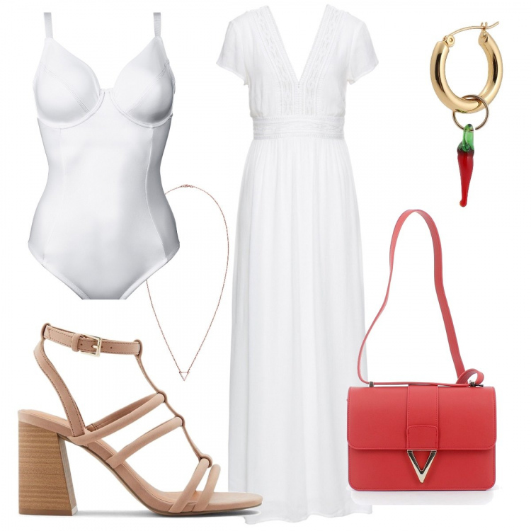 Outfit donna - Serata Curvy. Stile Trendy per Serata fuori. Abbinamento con orecchini, vestiti lunghi, body, borse a tracolla, sandali in pelle, collane.