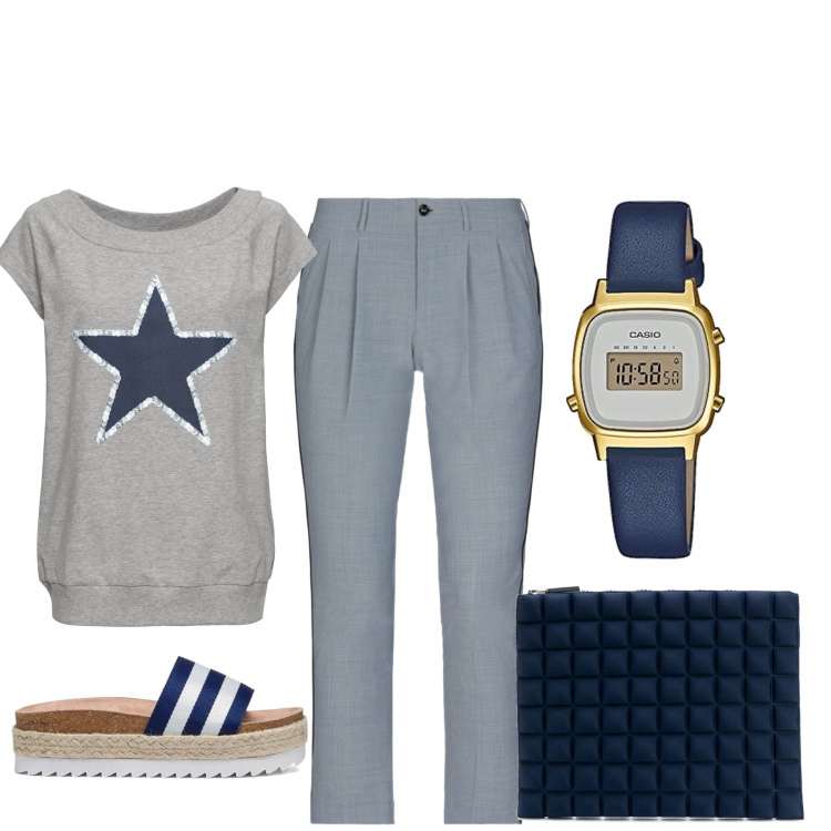 Outfit donna - Total look #1095020. Stile Basic per Tutti i giorni. Abbinamento con t-shirt, pantaloni, clutch, ciabatte, orologi digitali.