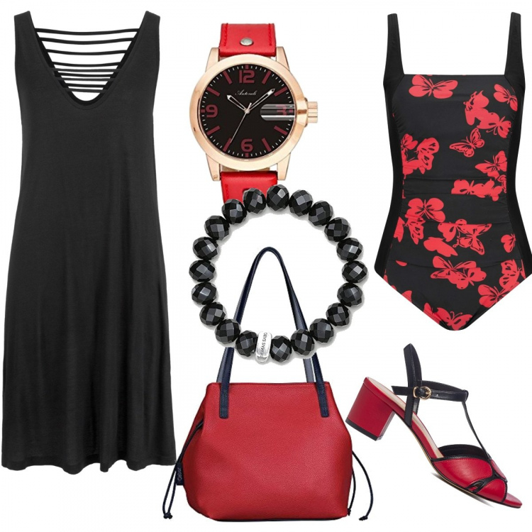Outfit donna - Il rosso e il nero. Stile Glamour per Serata fuori. Abbinamento con vestiti da spiaggia, costumi interi, sandali in pelle, shopping bag, braccialetti, orologi analogici.