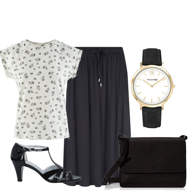 Outfit donna - Total look #1095102. Stile Basic per Serata fuori. Abbinamento con sandali col tacco, gonne, t-shirt, clutch, orologi.