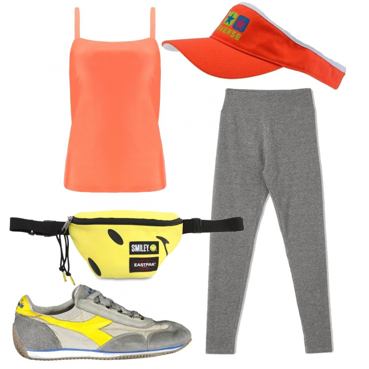 Outfit donna - La visiera arancione. Stile Trendy per Sport. Abbinamento con cappelli con visiera, leggings, canottiere, sneakers, marsupi.