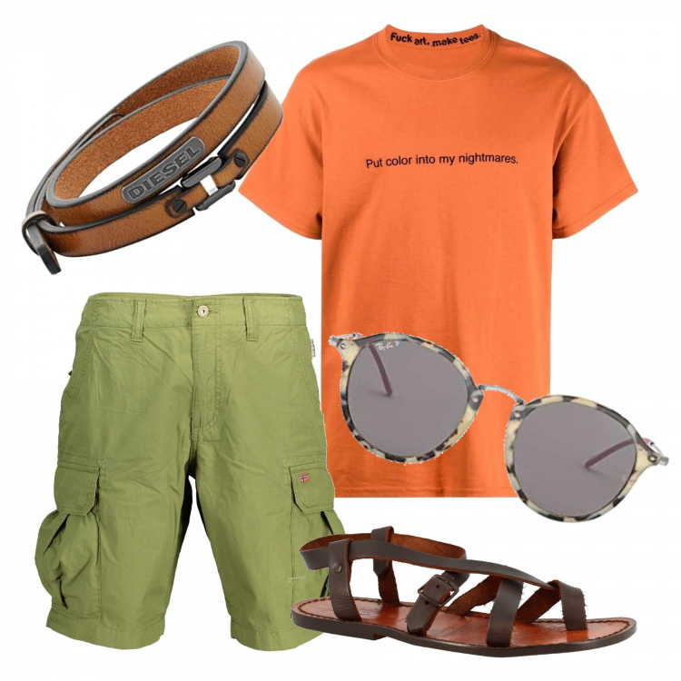 Outfit uomo - Put color. Stile Casual per Tutti i giorni. Abbinamento con sandali, t-shirt, occhiali da sole, braccialetti, bermuda.