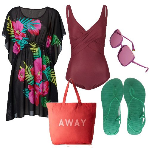 Outfit donna - Curvy ed esotica. Stile Etnico per Mare. Abbinamento con costumi interi, vestiti da spiaggia, infradito, occhiali da sole, borse tote.
