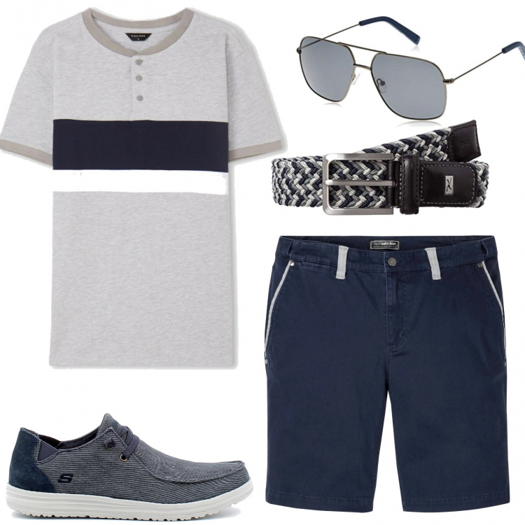 Outfit uomo - In vacanza. Stile Casual per Mare. Abbinamento con polo, scarpe stringate, bermuda, occhiali da sole, cinture.
