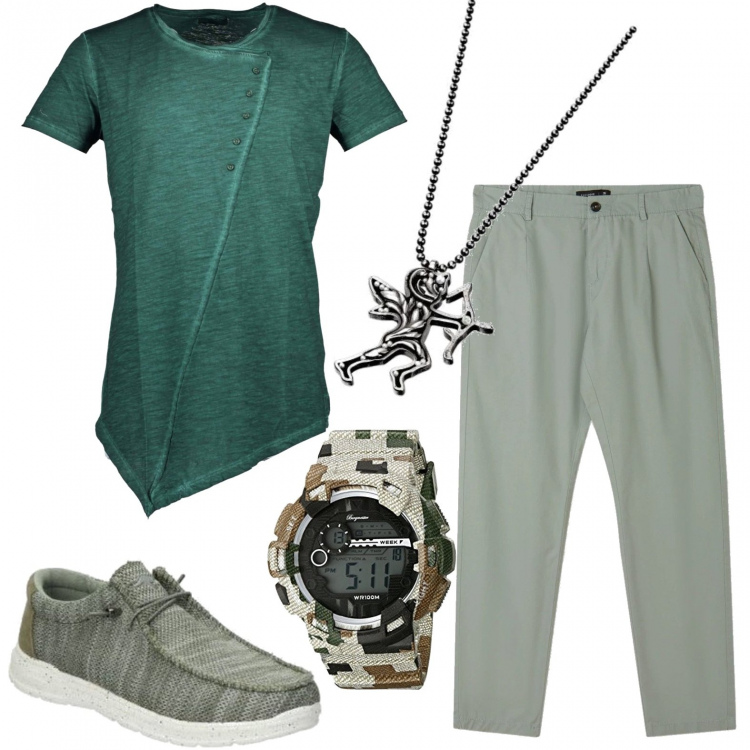 Outfit uomo - In piazza con gli amici. Stile Trendy per Serata speciale. Abbinamento con scarpe stringate, pantaloni chino, t-shirt, orologi, collane.