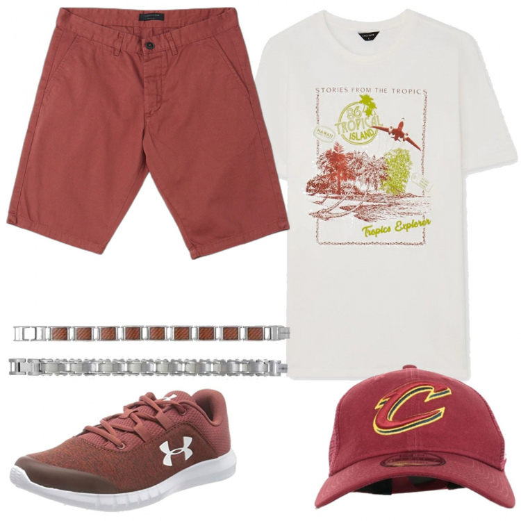 Outfit uomo - Barcellona. Stile Casual per Tutti i giorni. Abbinamento con cappelli con visiera, t-shirt, bermuda, braccialetti, braccialetti, stivali.