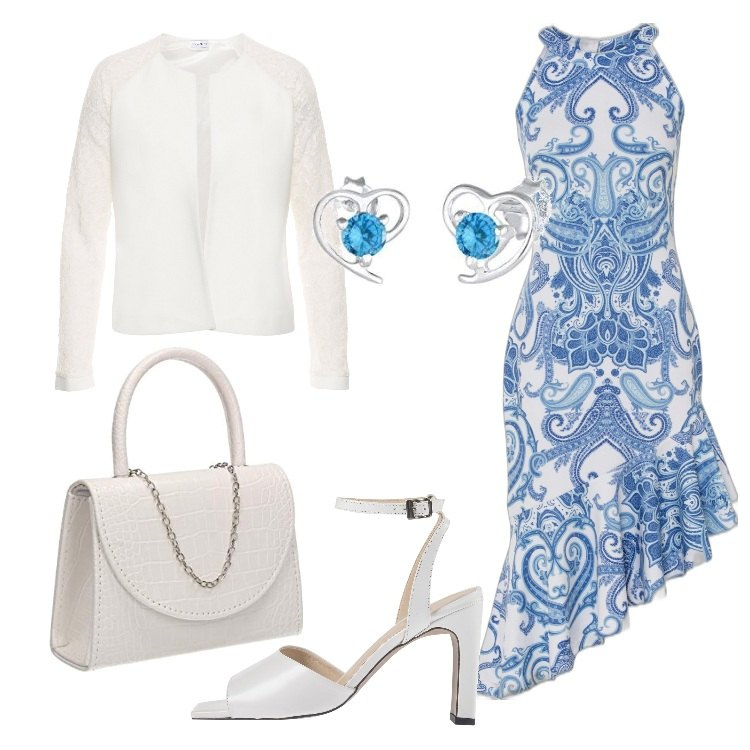 Outfit donna - L\'abito affascinante. Stile Chic per Serata fuori. Abbinamento con vestiti lunghi, blazer, sandali col tacco, pochette, orecchini.