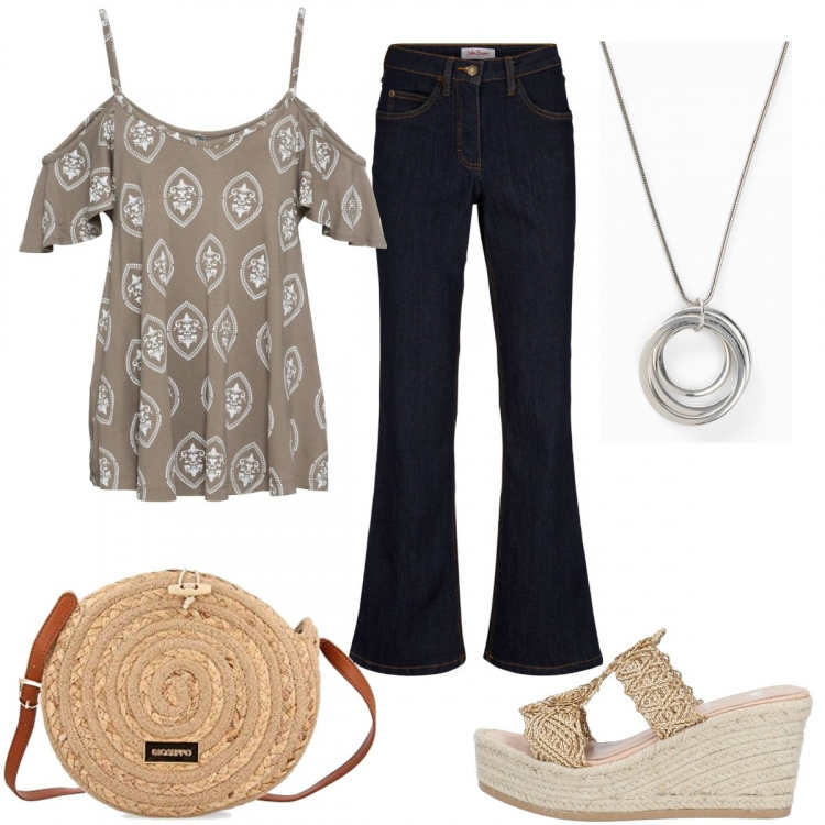 Outfit donna - L\'estate in stile Anni 70. Stile 70s per Tutti i giorni. Abbinamento con jeans bootcut, maglieria, collane, sandali col tacco, borse a tracolla.