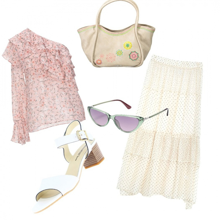 Outfit donna - A lavoro con estro. Stile Casual chic per Ufficio. Abbinamento con gonne longuette, bluse, occhiali da sole, sandali in pelle, pochette.