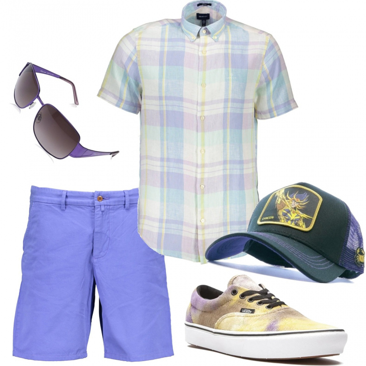 Outfit uomo - Vacanziero. Stile Urban per Mare. Abbinamento con cappelli con visiera, sneakers, bermuda, occhiali da sole, camicie a manica corta.