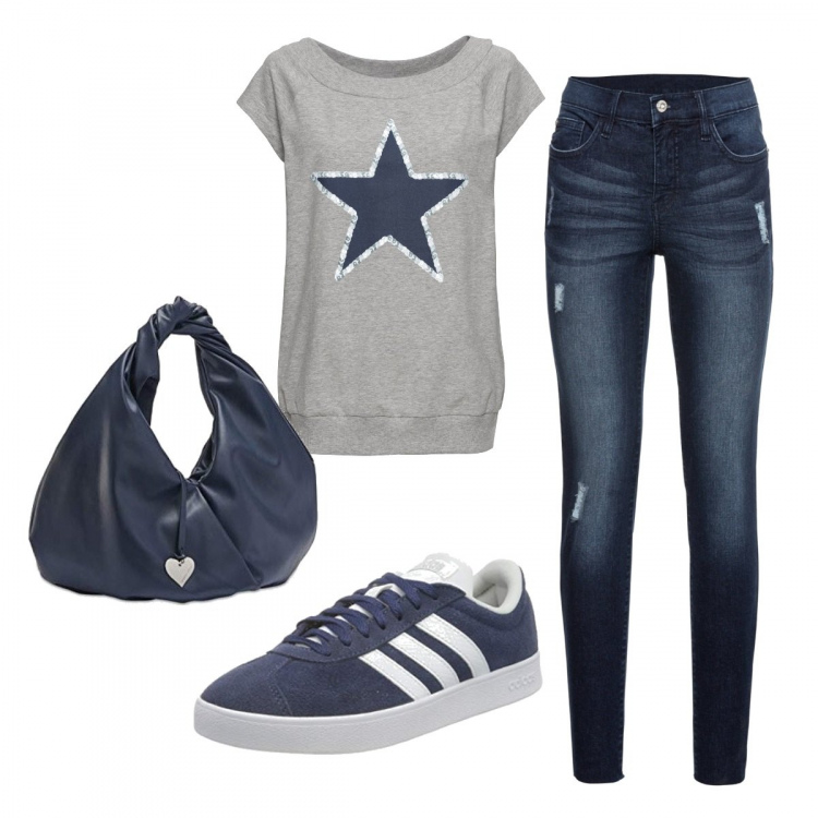 Outfit donna - Casual #1558. Stile Casual per Tutti i giorni. Abbinamento con t-shirt, jeans strappati, borse tote, sneakers.