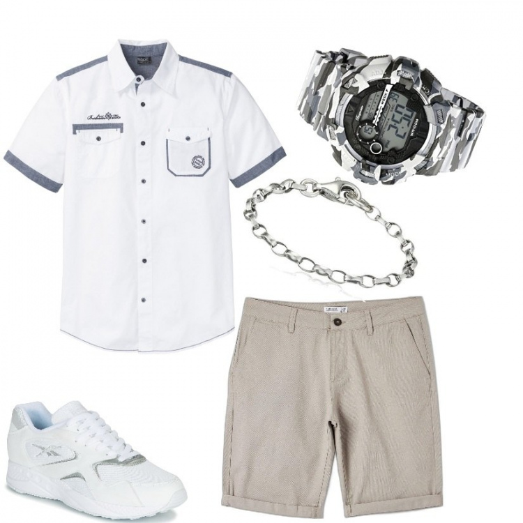 Outfit uomo - Casual. Stile Casual per Tutti i giorni. Abbinamento con camicie a manica corta, pantaloni corti, sneakers, braccialetti, orologi.