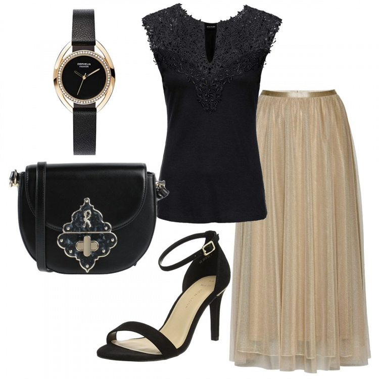 Outfit donna - Trendy #35233. Stile Trendy per Serata fuori. Abbinamento con top, gonne, borse a tracolla, sandali, orologi analogici.