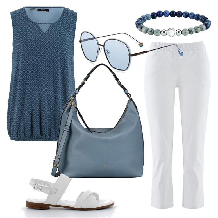 Outfit donna - Stile per tutti i giorni. Stile Basic per Tutti i giorni. Abbinamento con pantaloni, top, sandali, borse a spalla, braccialetti, occhiali da sole.