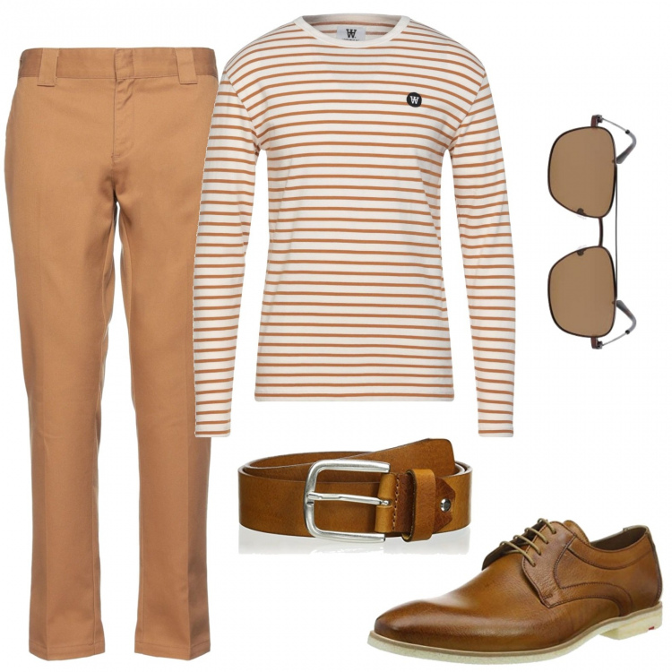 Outfit uomo - Serata in centro. Stile Casual per Serata speciale. Abbinamento con t-shirt, pantaloni, scarpe stringate, occhiali da sole, cinture.