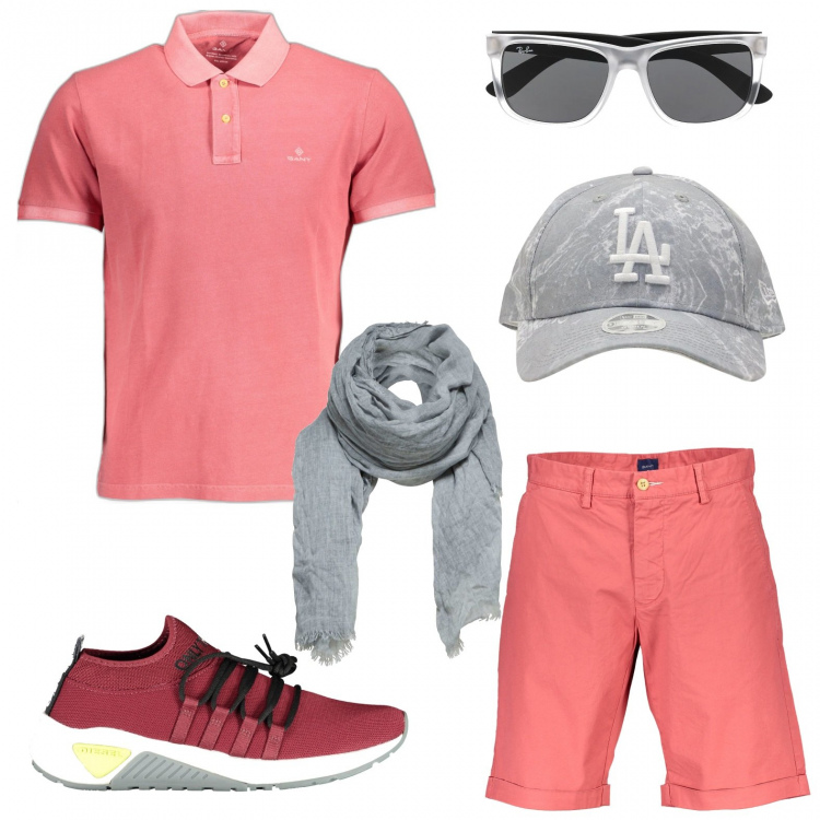 Outfit uomo - Una bella serata. Stile Trendy per Serata speciale. Abbinamento con sciarpe, occhiali da sole, bermuda, polo, sneakers, cappelli.