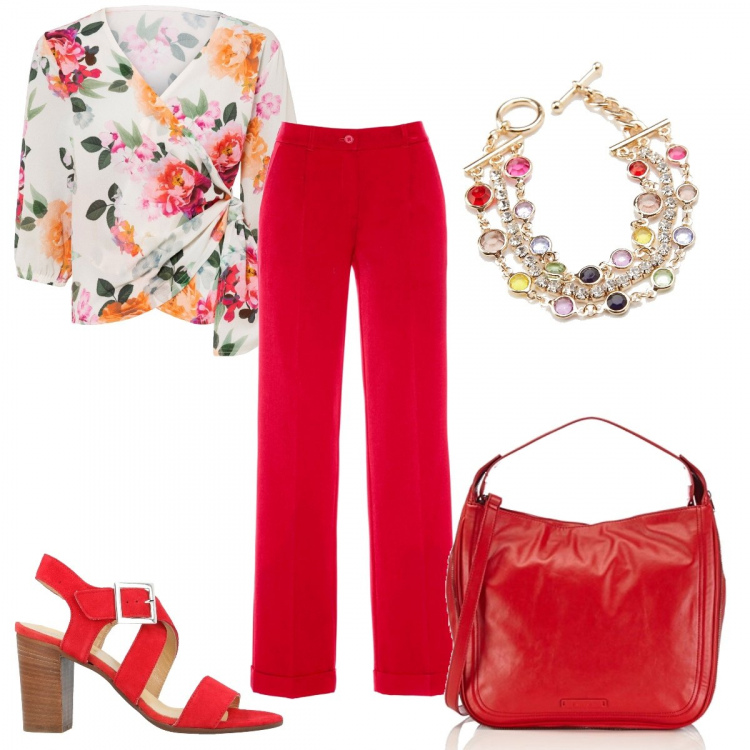 Outfit donna - Stile Curvy. Stile Casual chic per Serata fuori. look ideale per Petite. Abbinamento con pantaloni, bluse, sandali col tacco, braccialetti, shopping bag.