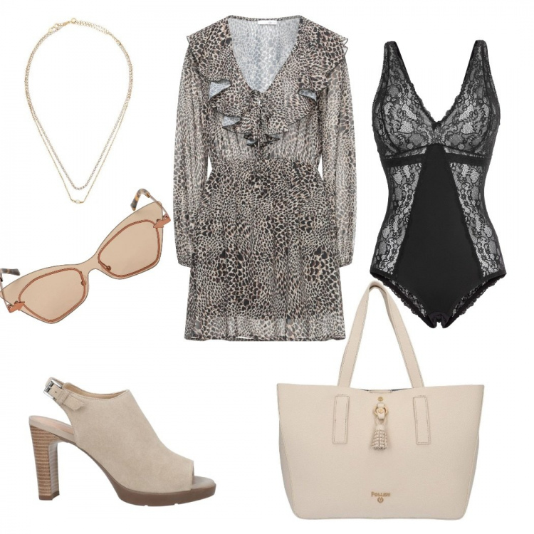 Outfit donna - Total look #1096852. Stile Casual chic per Tutti i giorni. Abbinamento con body, sandali col tacco, vestiti corti, collane, shopping bag, occhiali da sole.